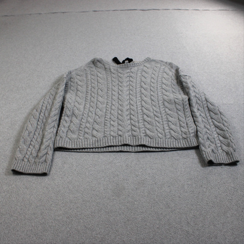 J Crew Sweater Women Small Gray Cable Knit Bow Crew Neck Winter Cozy Soft Twee
